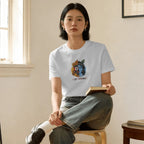 A woman sits on a wooden stool in a softly lit room, wearing a white short-sleeve T-shirt with a colorful graphic print on the chest and loose gray jeans.