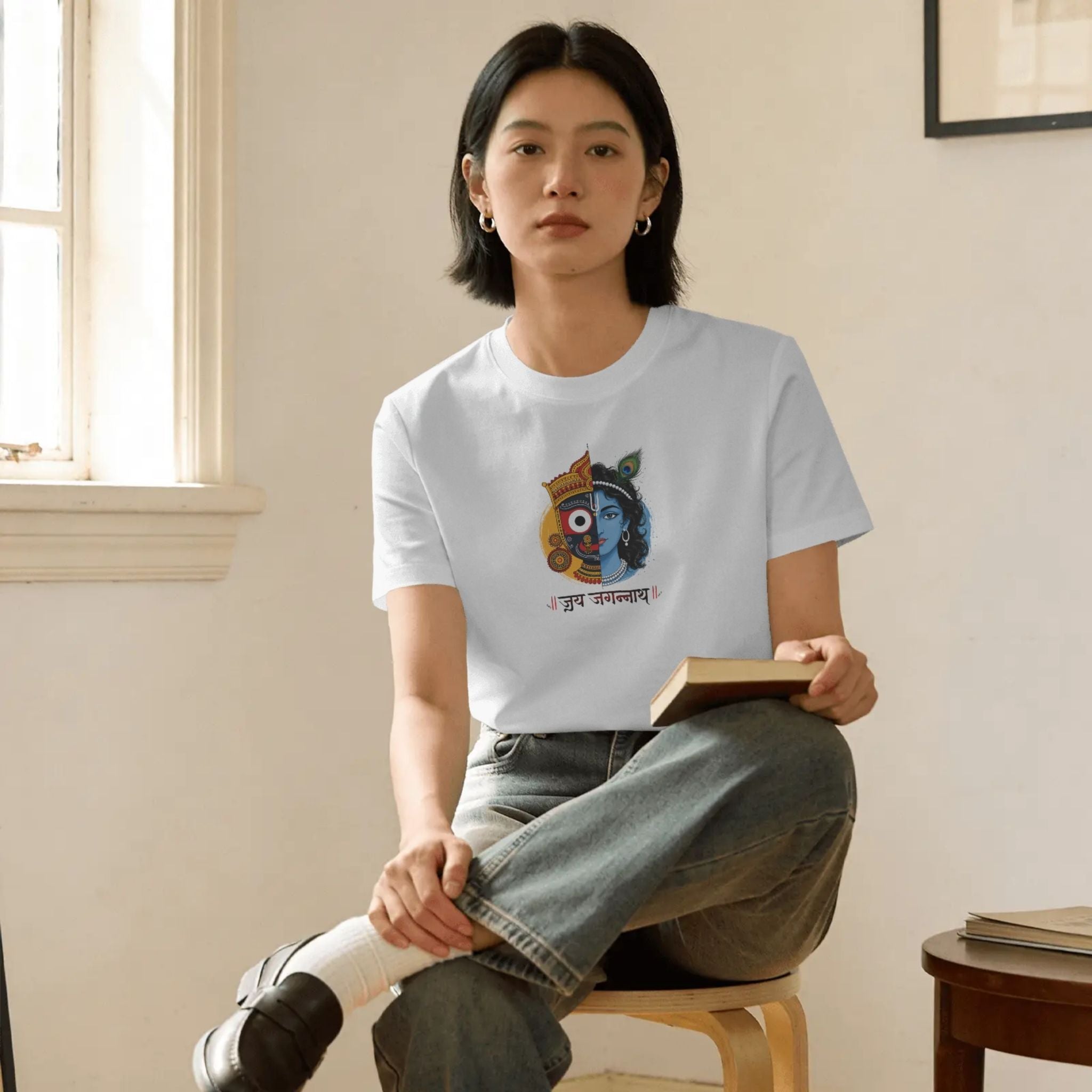 A woman sits on a wooden stool in a softly lit room, wearing a white short-sleeve T-shirt with a colorful graphic print on the chest and loose gray jeans.