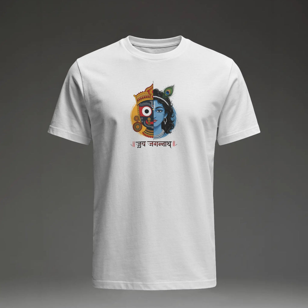 A white short-sleeve crewneck t-shirt featuring a colorful graphic of Lord Krishna on the chest, with the Sanskrit text 'Aum Namah Shivaya' printed below the illustration, set against a dark gray gradient background.