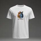 A white short-sleeve crewneck t-shirt featuring a colorful graphic of Lord Krishna on the chest, with the Sanskrit text 'Aum Namah Shivaya' printed below the illustration, set against a dark gray gradient background.