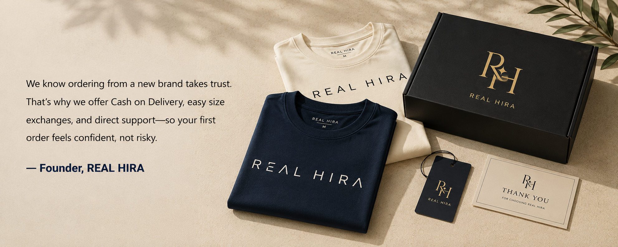 Real Hira clothing and packaging on a neutral background with text about the brand's values.