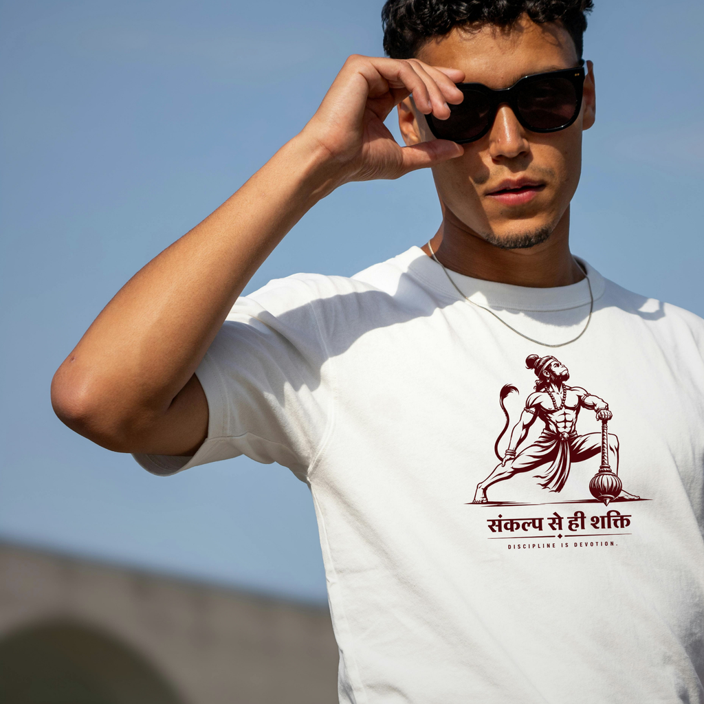 Sankalp™ Hanuman Warrior Pose Oversized T-Shirt – Devotional Gym Tee | REAL HIRA