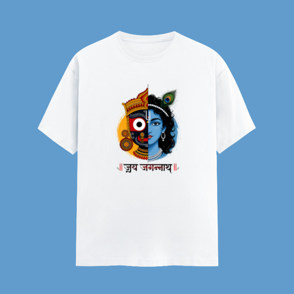 A white short-sleeve crewneck t-shirt featuring a colorful graphic print of Lord Krishna with a peacock feather and Devanagari text, displayed against a solid blue background.