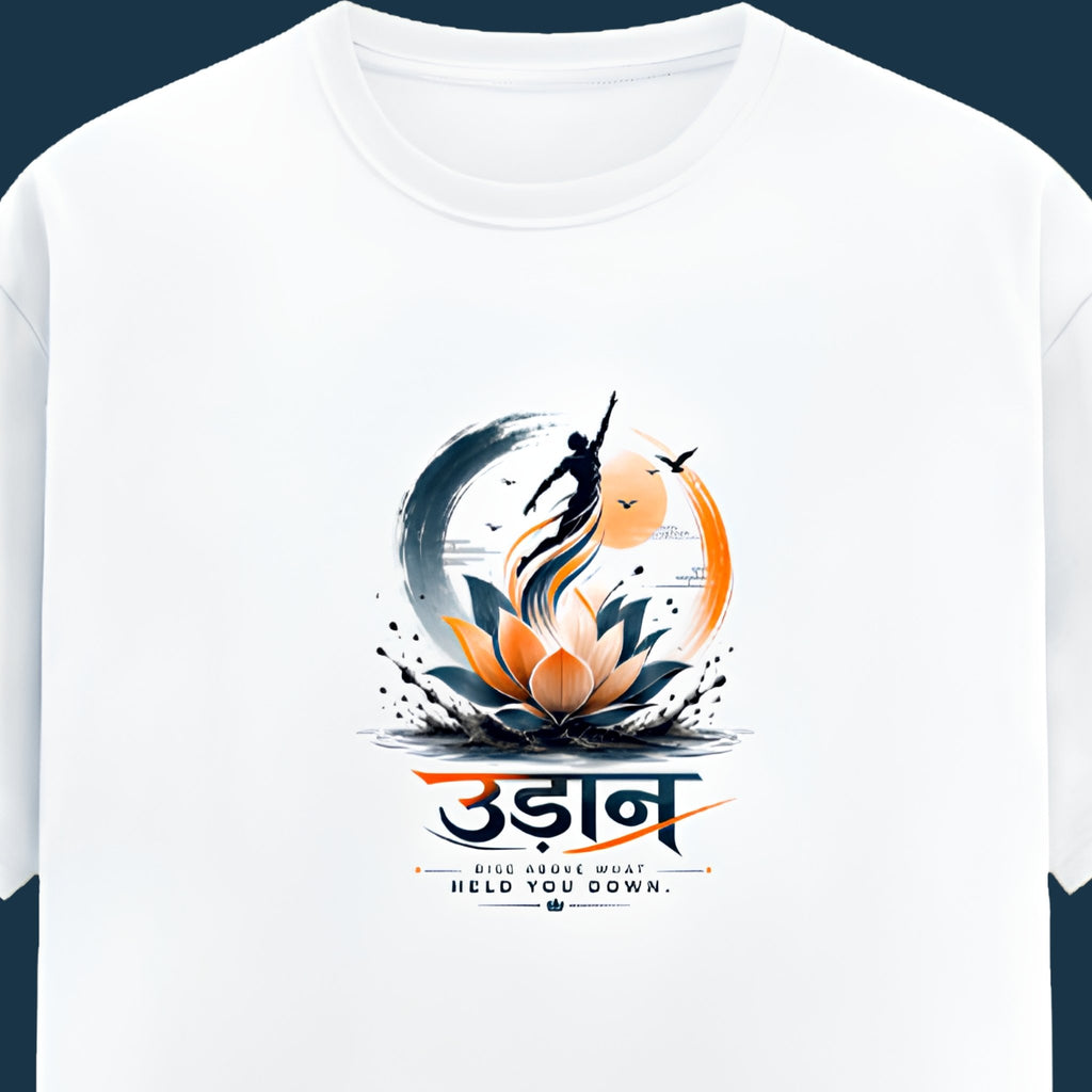 UDAANT Oversized Graphic Tee - Lotus Rise Motivational T-Shirt for Men & Women, close-up front view of lotus flower and silhouette graphic print on white cotton tee