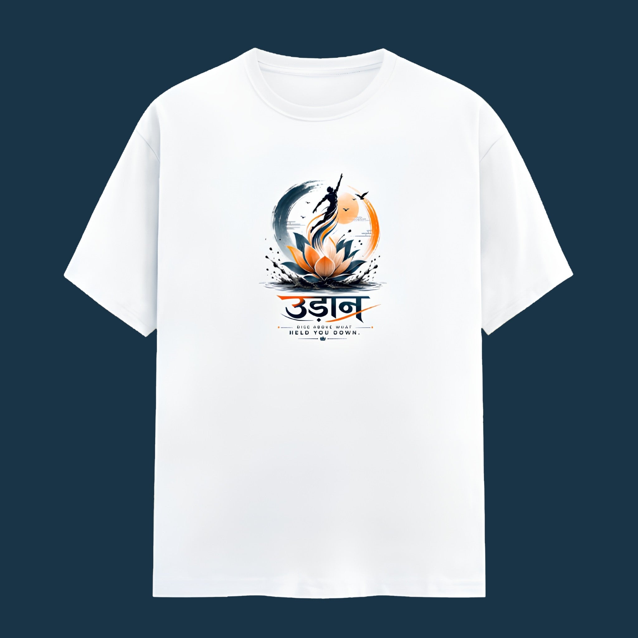UDAANT Oversized Graphic Tee - Lotus Rise Motivational T-Shirt for Men & Women, white front flat-lay view with lotus flower and Udaan Hindi text graphic print