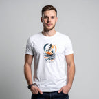 A man wearing a white crew-neck t-shirt with a colorful graphic print on the chest. The graphic features a stylized lotus flower, a silhouette of a person, and Devanagari text.